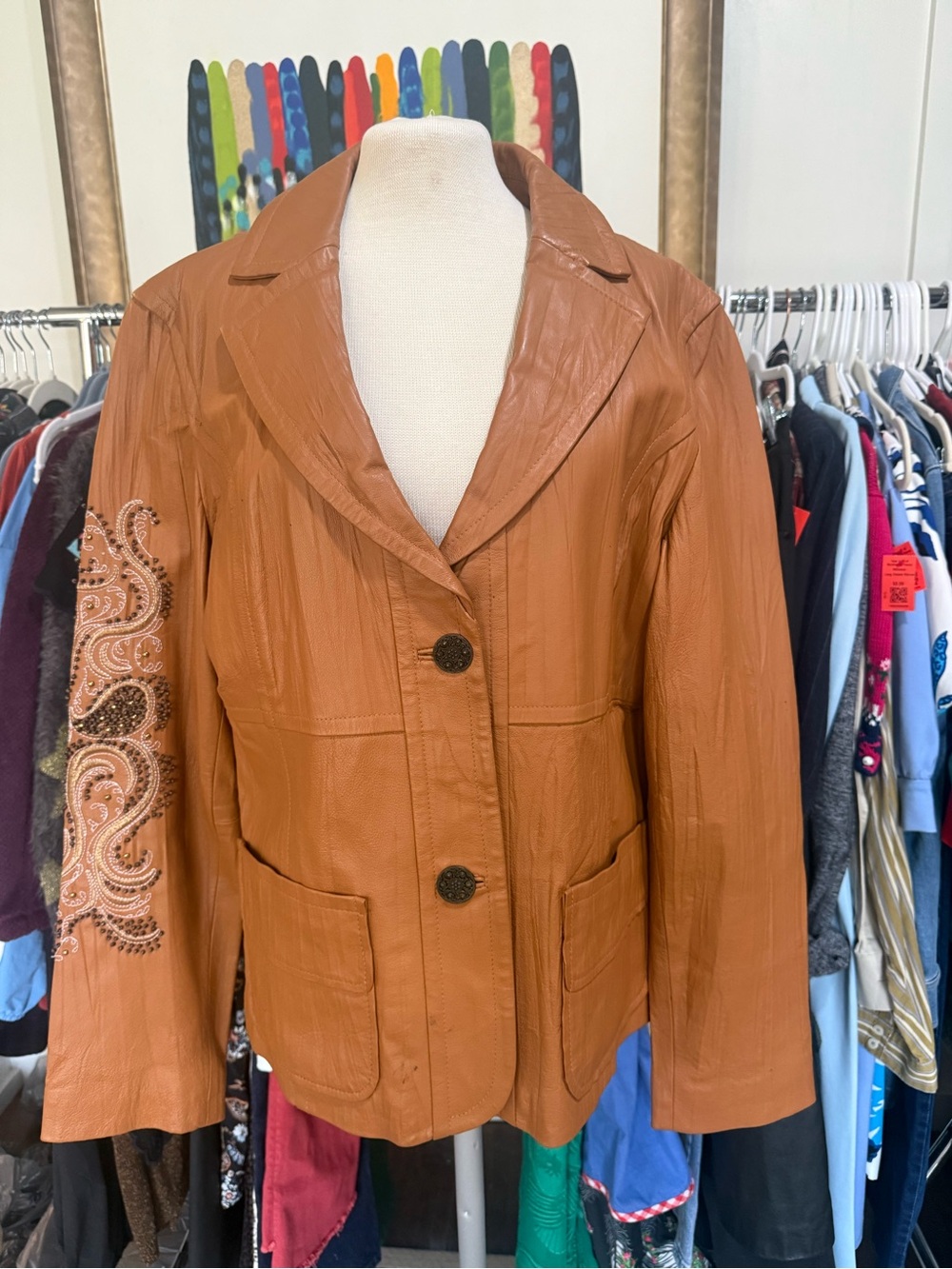 Wilsons Leather Tan Women's Leather Blazer with Embroidered Sleeve